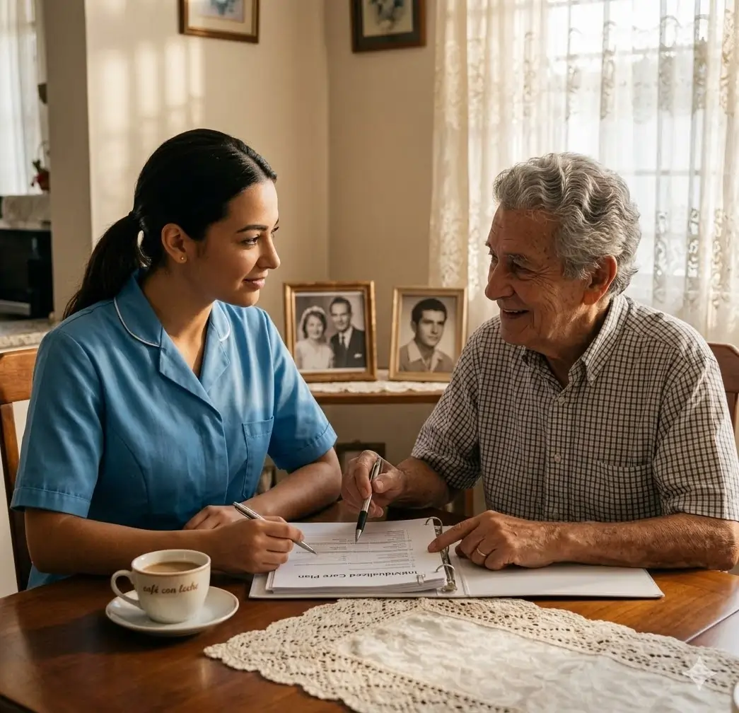 A professional caregiver and a smiling senior man review a care plan together in a cozy home