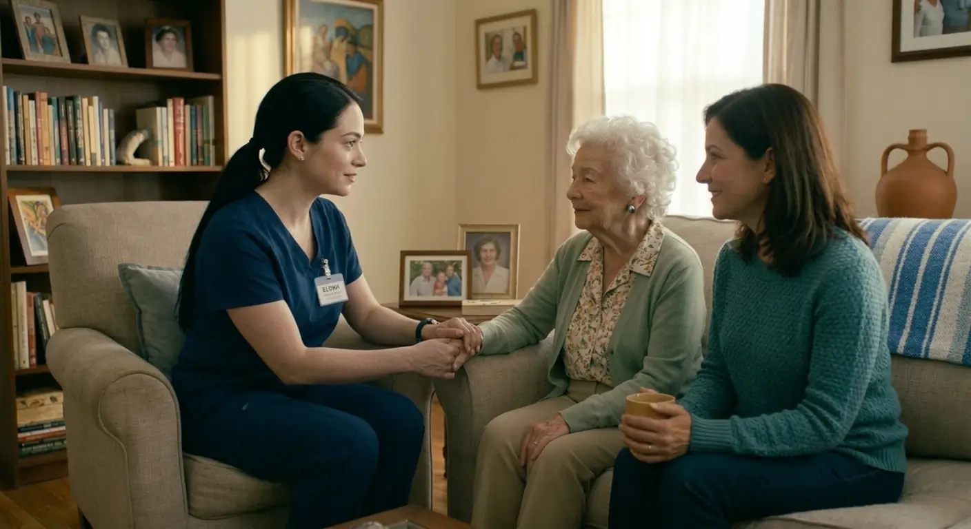 A professional caregiver reassures a senior woman, bringing peace of mind to her relaxing daughter