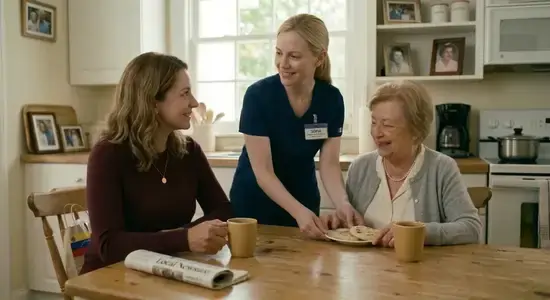 A professional caregiver serving a snack to a senior woman while her daughter rests and enjoys a cup of coffee