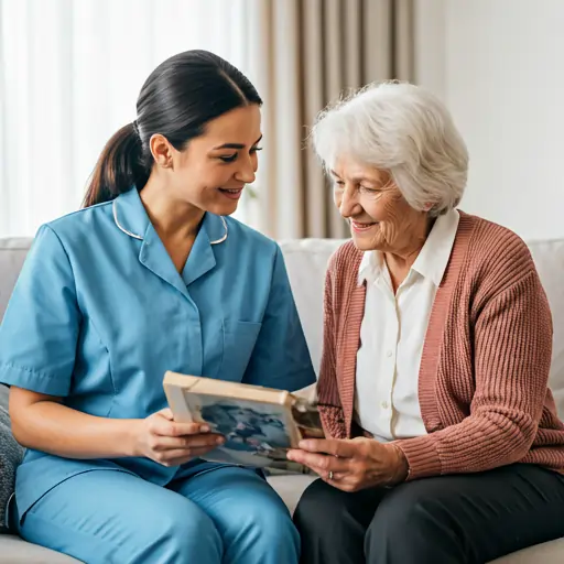 A professional female caregiver comfortably next to an elderly woman looking at a photo album and smiling warmly at each other