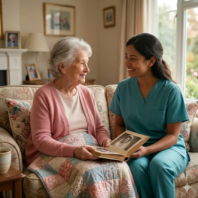 A smiling female caregiver and a senior woman sitting together on a sofa, looking through an old photo album in a cozy living room