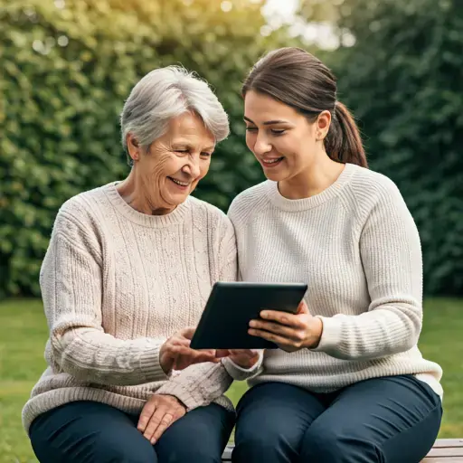 Caregiver and senior woman sharing a moment with a digital tablet, representing companion care and home assistance services.