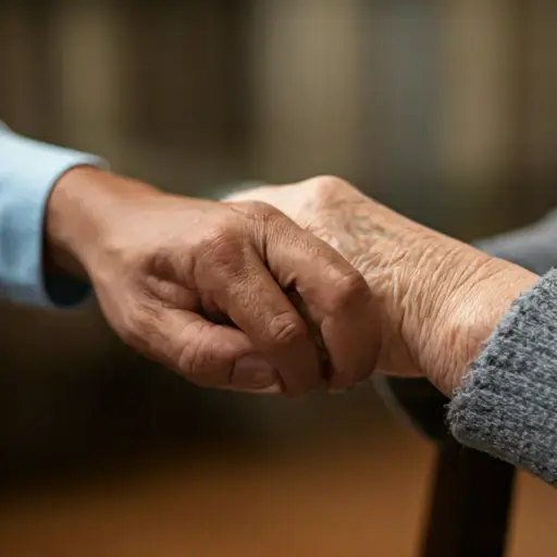 Caregiver holding hand of elderly person