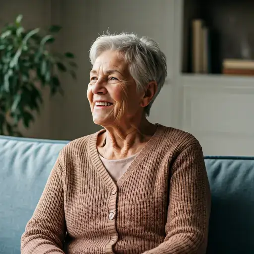 Elderly woman smiling in her cozy living room