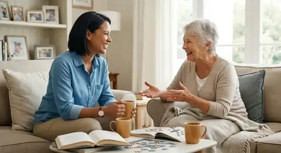 Female caregiver talking and laughing with an elderly woman at home