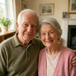 Portrait of The Johnson Family a smiling elderly couple standing together in a bright living room