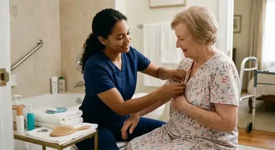 Professional caregiver helping an elderly woman dress at home