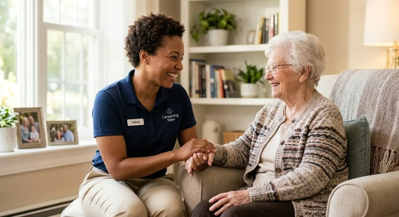 Smiling caregiver holding the hand of an elderly woman in a bright living room setting