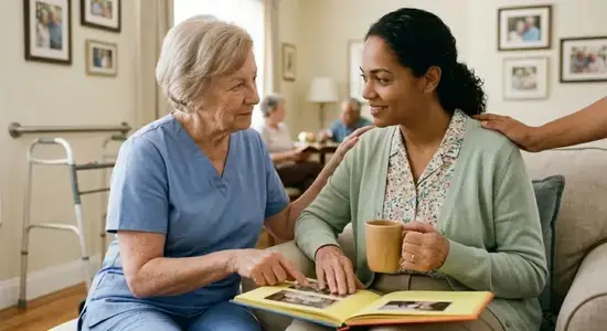Specialized caregiver helping a senior woman with memory exercises using a photo album